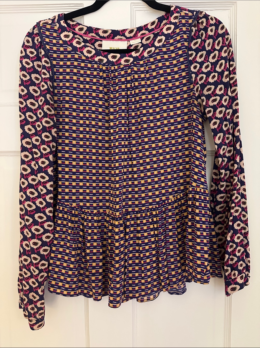 Anthropologie Purple And Pink Mixed-Print Peplum Top